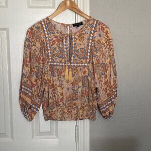 Rachel Zoe Floral Peasant Bohemian With Tassels Blouse - Multicolor Size Small